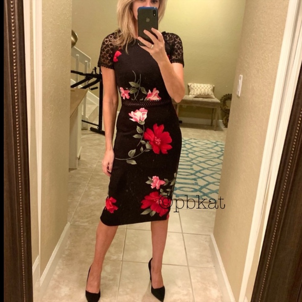 Crocheted Black Floral Lace MIDI Dress